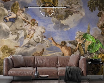 Può includere: Un murale in stile vintage che rappresenta una scena della mitologia greca. Il murale presenta una figura alata che cavalca un cavallo bianco, un uomo che raggiunge il cielo e diversi cherubini che fluttuano tra le nuvole. Il murale è dipinto in una calda tavolozza di marroni, gialli e blu.