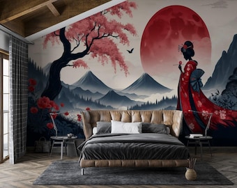 May include: A digital illustration of a woman in a red kimono standing in front of a red moon and a mountain range. The woman is holding a flower in her hand. The background is a misty forest with a cherry blossom tree.