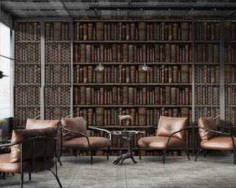 May include: A library-themed interior with a large bookshelf filled with vintage books. The room features leather chairs, a small table, and a patterned ceiling. The color palette includes browns, tans, and grays, creating a cozy and inviting atmosphere.