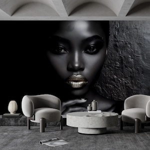 Carta da parati con donna africana, in bianco e nero, con dettagli dorati, rimovibile, stacca e attacca, carta da parati moderna decorativa chic per l'arredamento della casa
