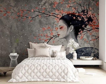 Tapeta Geisha Cherry Blossom w szare kwiaty, samoprzylepna, azjatycka