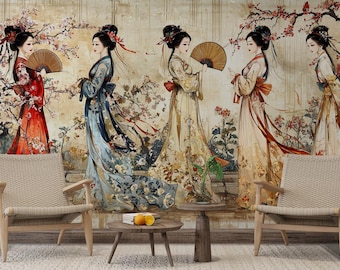Tapeta z japońskimi dziewczynami w kimono, beżowa, azjatycka sztuka ścienna