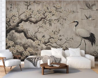Vintage Japanese Crane Wallpaper, Oriental Bird Wall Decor 60 - Ireland
