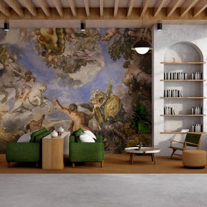 Baroque Mythology Fresco Peel and Stick Wallpaper, Non-Woven Renaissance Mural, Vinyl Ceiling Art Wallpaper, Divine Angelic Decor