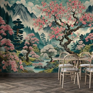 Üppige Chinoiserien Sakura Blumen Baum und Berge Tapete, Chinoiserien Tapete, asiatische Tapete, abnehmbarer Wanddekor