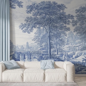 Papel de parede azul Toile de Jouy: mural de parede paisagístico removível e colante