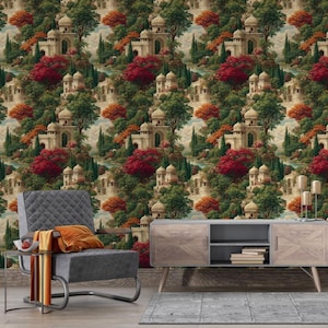 Mughal Palace Wallpaper, Peel and Stick Wallpaper, NonWoven Wallpaper, Vintage Scenic Mural, Indian Landscape Wall Decor Removable Wallpaper