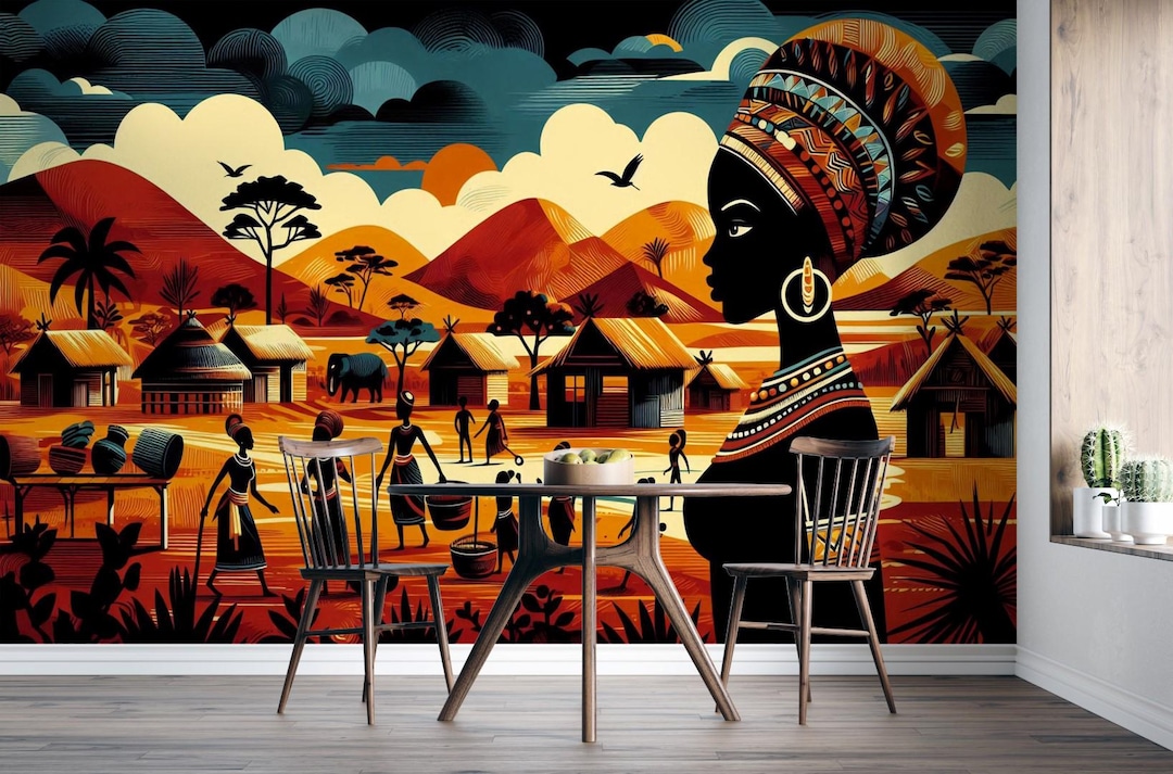African Ethnic Wallpaper Tribal Village Blue Orange Mural Peel and ...