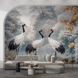 Elegant Cranes Forest Mural, Peel and Stick Wallpaper, Non Woven Mural, Tranquil Nature Wall Art, Japanese Style Wallpaper