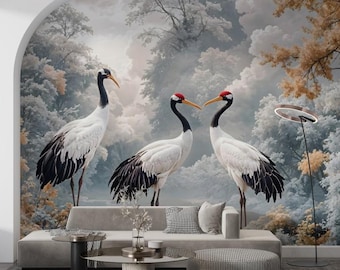 Kranich Wald Wandbild Japanischer Stil Weiße Tapete zum Abziehen und Aufkleben
