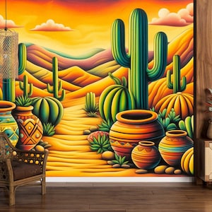 Deserto messicano con cactus e vasi in colori arancioni, carta da parati decorativa, carta da parati chic, decorazione murale rimovibile