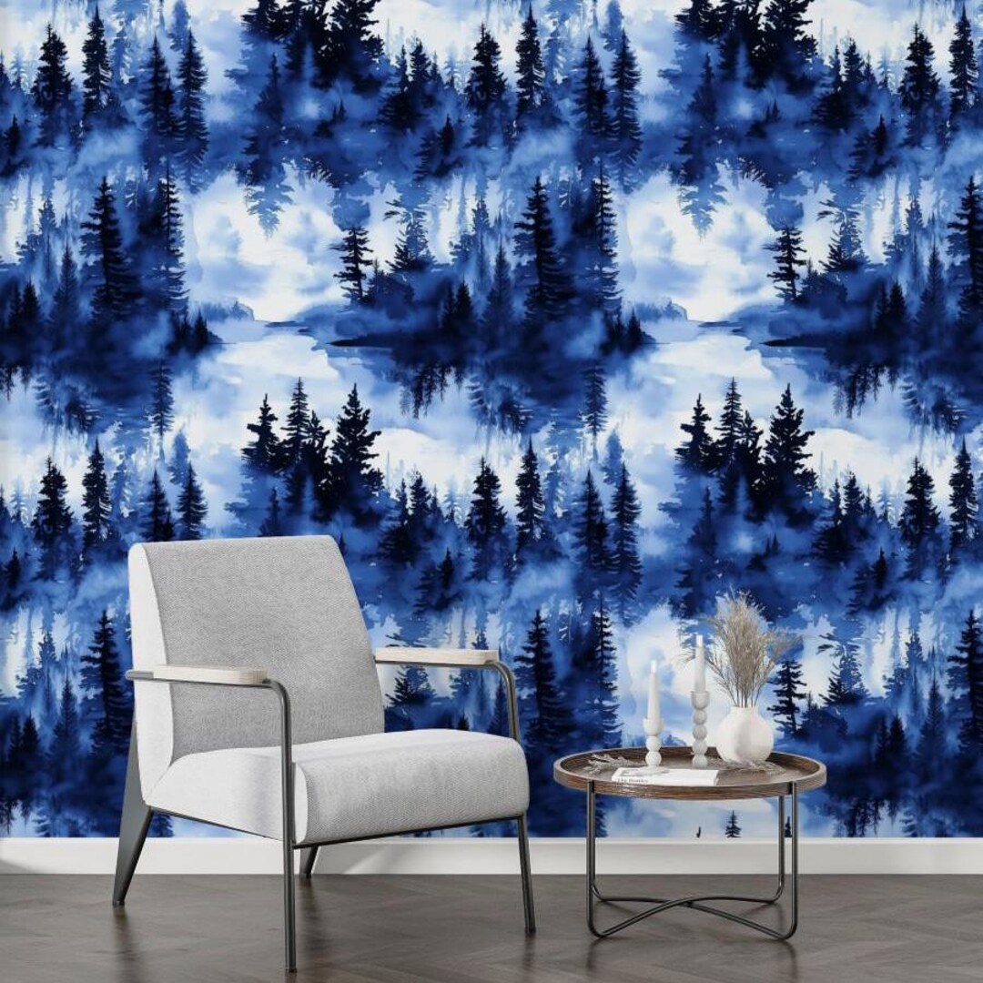 Watercolor Forest Wall Mural - Blue Nature Landscape - Misty Pine Trees ...