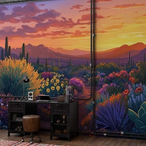 Desert Sunset Cactus Mural: Southwestern Peel and Stick Pastel Wallpaper
