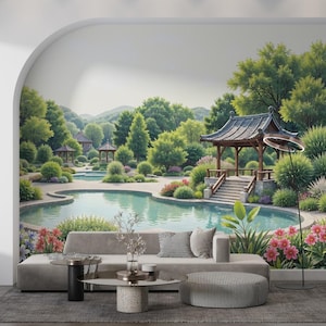 Serene Japanese Garden Wallpaper, Peel and Stick, Non Woven, Zen Pond Mural, Asian Landscape Wallpaper, Pagoda Wall Decor