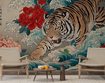 Tiger japanische Tapete Beige Wandbild Schälen und Kleben Asiatisches Dekor