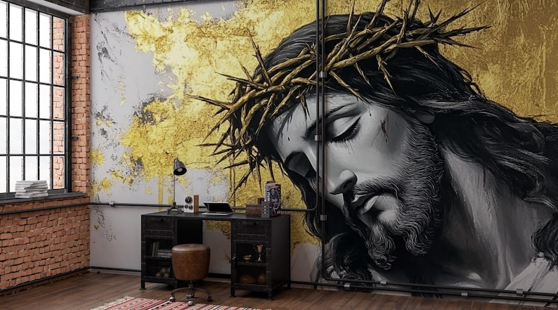 Jesus Christ Crown of Thorns Wallpaper Mural, Gold Leaf Religious Wall ...