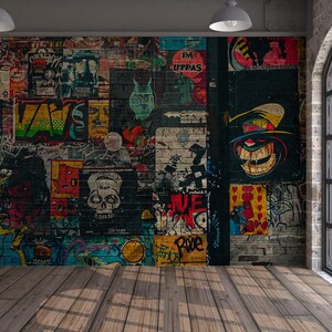 May include: An interior scene featuring a brick wall covered in colorful posters and graffiti art. The room has a wooden floor and large arched windows. Two pendant lights hang from the ceiling, illuminating the space.
