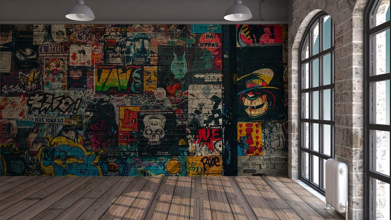 May include: An interior scene featuring a brick wall covered in colorful posters and graffiti art. The room has a wooden floor and large arched windows. Two pendant lights hang from the ceiling, illuminating the space.