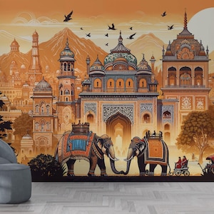 Carta da parati indiana della città di Jaipur, murale del tempio indiano, carta da parati decorativa con elefante, carta da parati moderna, decorazione murale rimovibile con adesivo staccabile