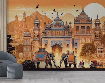 Jaipur Grand Indian Palace Peel and Stick Wallpaper, Non-Woven Mughal City Mural, Vinyl Ornate Architecture Wallpaper, Sunset Elephant Decor