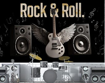 May include: A rock and roll themed wall mural featuring a white guitar with angel wings, flanked by speakers and a drum set. The words "Rock & Roll" are displayed in large letters against a black background with musical notes.
