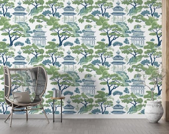 Tapeta Chinoiserie Pagoda: samoprzylepny mural z azjatyckim krajobrazem