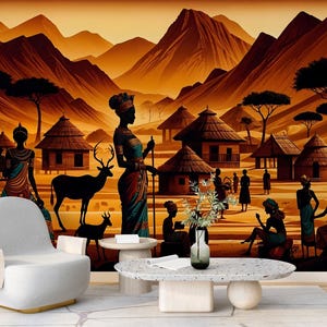 Carta da parati con donne africane e cultura del villaggio, murale rimovibile Peel & Stick, carta da parati moderna decorativa chic per l'arredamento della casa