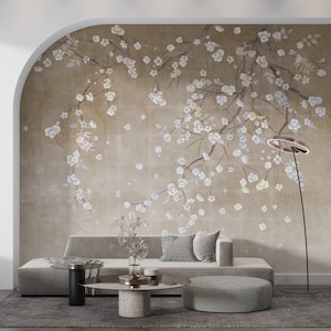Chinoiserie white flowers wallpaper, cream and beige wallpaper, chic wallpaper, decoration wallpaper, removable peel stick wall mural decor