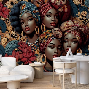 Carta da parati culturale con donna africana, motivo floreale rimovibile, carta da parati murale staccabile e adesiva, carta da parati moderna decorativa chic per l'arredamento della casa