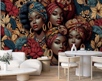 African Queen Portraits Peel and Stick Wallpaper, Non-Woven Tribal Art Mural, Vinyl Black Woman Wallpaper, Colorful Ethnic Decor