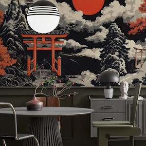 Carta da parati cineseria nera e rossa con cancello torii giapponese, arte murale culturale asiatica, modello antico, rimovibile, decorazione murale