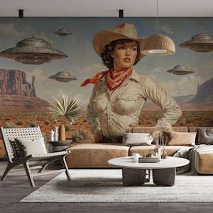 Retro Cowgirl UFO Wallpaper: Monument Valley Peel and Stick Mural