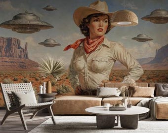 Retro Cowgirl UFO Wallpaper: Monument Valley Peel and Stick Mural