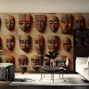 Carta da parati marrone e beige con maschera in legno africana, carta da parati decorativa chic, carta da parati moderna, decorazione murale rimovibile