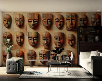 African Mask Wallpaper, Peel and Stick Wallpaper, Non Woven Wallpaper, Tribal Wall Mural, Wooden Mask Wallpaper, Ethnic Decor Mural