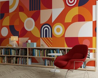 Orange vintage geometric wallpaper, vintage wallpaper, retro wallpaper, removable peel stick wall mural decor