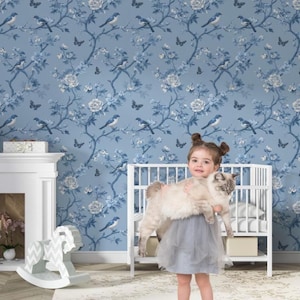Chinoiserie Bird Wallpaper, Peel and Stick Wallpaper, Non Woven Wallpaper, Blue Floral Mural, Vintage Design Wallpaper, Removable Wallpaper