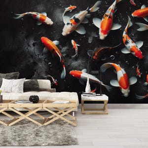 Carta da parati con pesce koi arancione testurizzato in cemento nero, arte murale, carta da parati decorativa, carta da parati chic, decorazione murale rimovibile