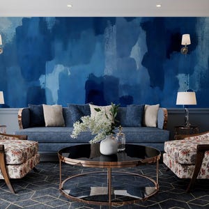 Abstract Blue Watercolor Wallpaper, Peel and Stick, Non Woven, Modern Art Mural, Navy Brushstroke Wallpaper, Contemporary Wall Decor