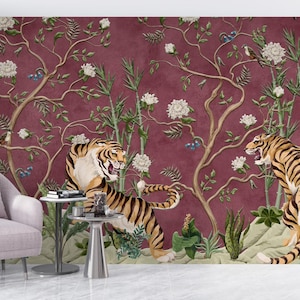 Carta da parati cineseria con tigre del Bengala rosso bordeaux, carta da parati con tigre cinese, carta da parati con fiori bianchi, decorazione murale rimovibile
