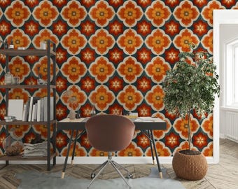 Tapeta samoprzylepna w stylu retro z lat 70. z motywem kwiatowym: Groovy Orange Vinyl Mural