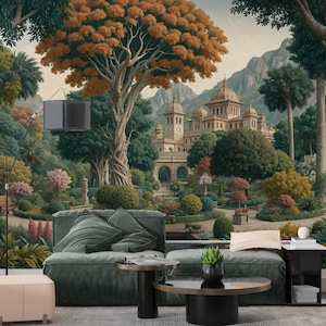 Murale del tempio lussureggiante di Jaipur, India, carta da parati con alberi e natura verde, carta da parati decorativa, carta da parati chic, decorazione murale con adesivo rimovibile