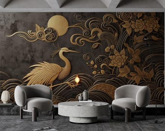 Gold Crane Wallpaper Black Chinoiserie Wall Mural Peel And Stick