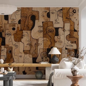 Abstract Faces Wallpaper Mural, Modern Boho Decor (Peel and Stick)