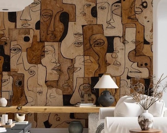 Abstract Faces Wallpaper Mural, Modern Boho Decor (Peel and Stick)