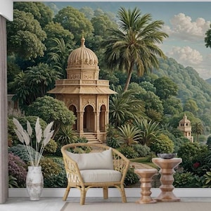 Lush Indian Palace Garden Wallpaper, Serene Mughal Landscape Wall Mural, Peel and Stick, Non Woven, Exotic Botanical Wallpaper