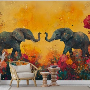 Murale da parete con elefante ad acquerello - Arte vibrante con animali da safari - Estetica della giungla boho - Carta da parati con fauna selvatica floreale indiana - Decorazione della natura esotica