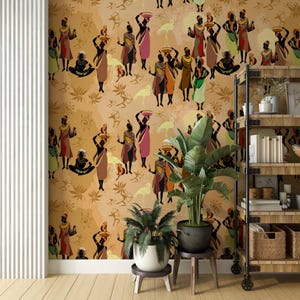 May include: A colorful wallpaper featuring a repeating pattern of stylized figures of women carrying baskets on their heads. The figures are in shades of brown, red, yellow, and green, and are set against a beige background. The wallpaper is accented with small, stylized birds and geometric shapes.