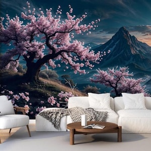 ピンクの桜の壁紙：日本庭園の山の壁画