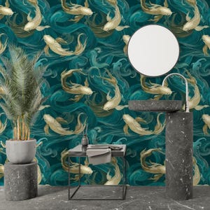 Chinoiserie Koi Fish Wallpaper, Peel and Stick Removable Mural, Non Woven Wallpaper, Japanese Style Wall Mural, Teal and Gold Wallpaper